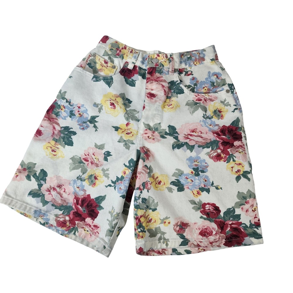Match Jeanswear Vintage 90s Floral Denim High Waisted Shorts White Pink Size 6